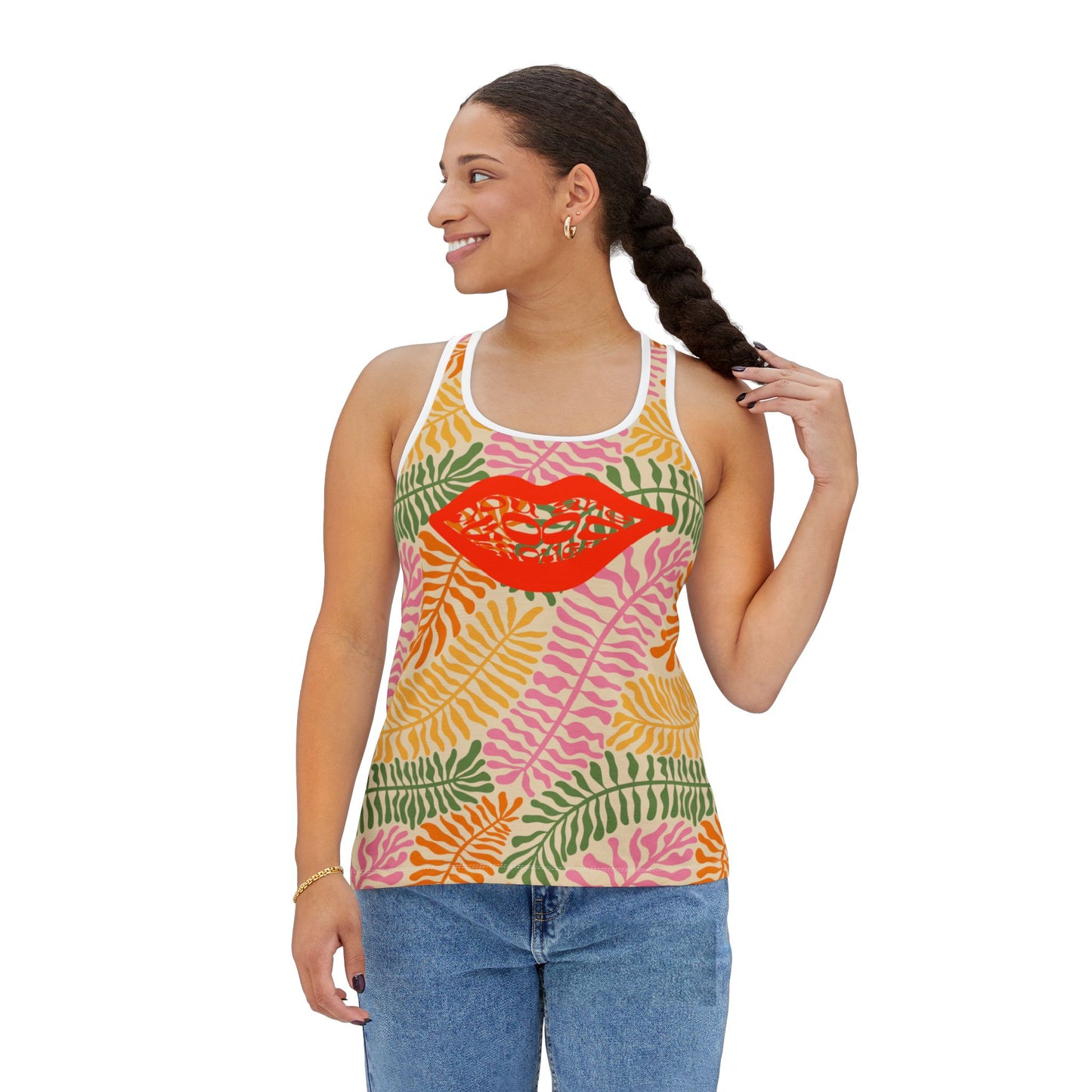 Mossy Leaf Pattern Women's Tank Top, Summer Activity Sleeveless Shirt, Tropical Print Camisole, Beach Wear Vest, Nature Lover Gift