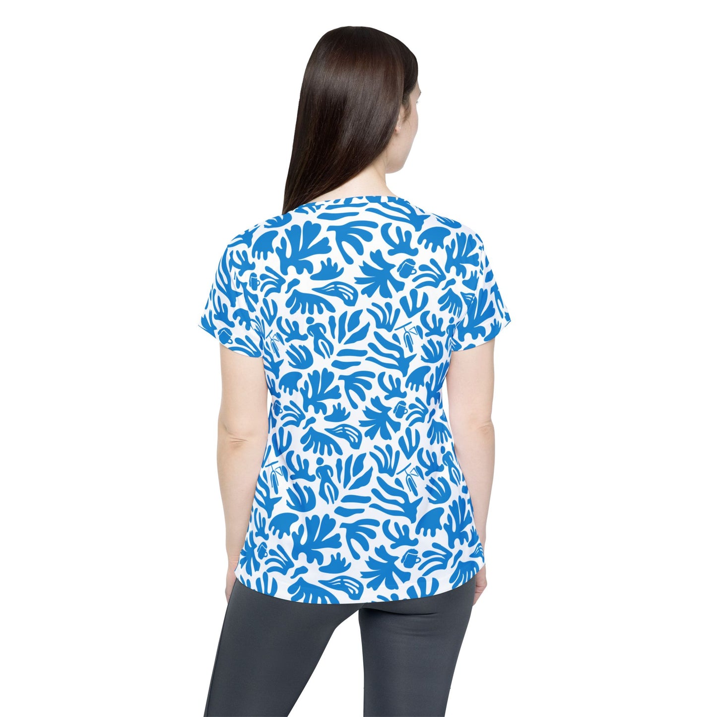 Joy Ride Blue Tropical Pattern Vibrant Women's Sports Jersey, Stylish Athletic Tee, Bikewear Summer Fashion, Casual Sportswear, Trendy Workout Top