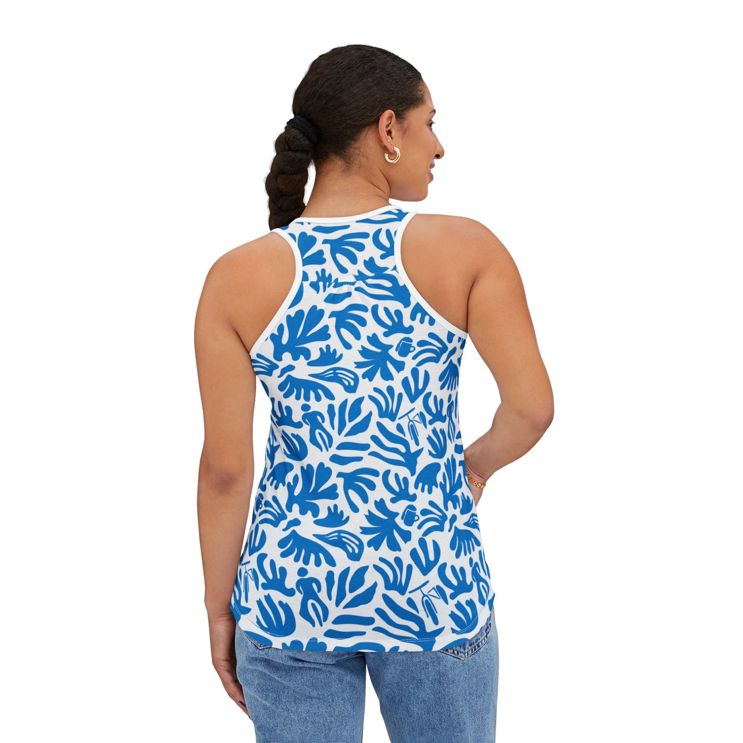 Joy Ride Blue Tropical Print Women's Tank Top, Summer Outfit, Beachwear, Vacation Top, Casual Layering Piece