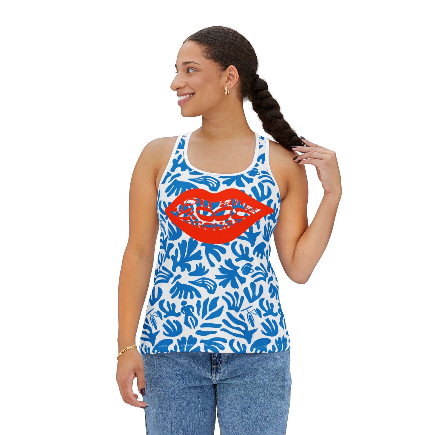 Joy Ride Blue Tropical Print Women's Tank Top, Summer Outfit, Beachwear, Vacation Top, Casual Layering Piece