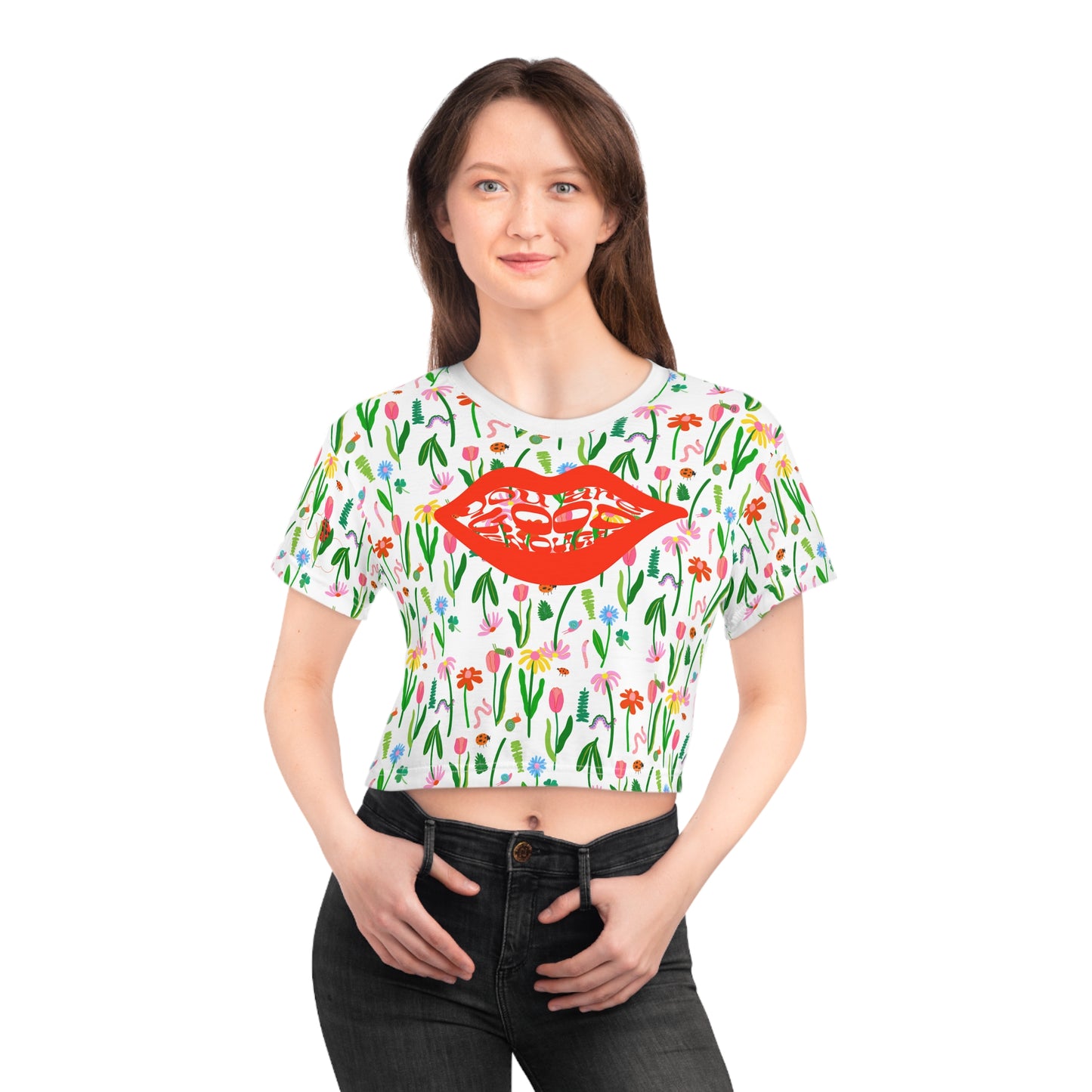 Colorful wildflower garden party crop tshirt for women, cute cropped trendy floral double sided shirt for women
