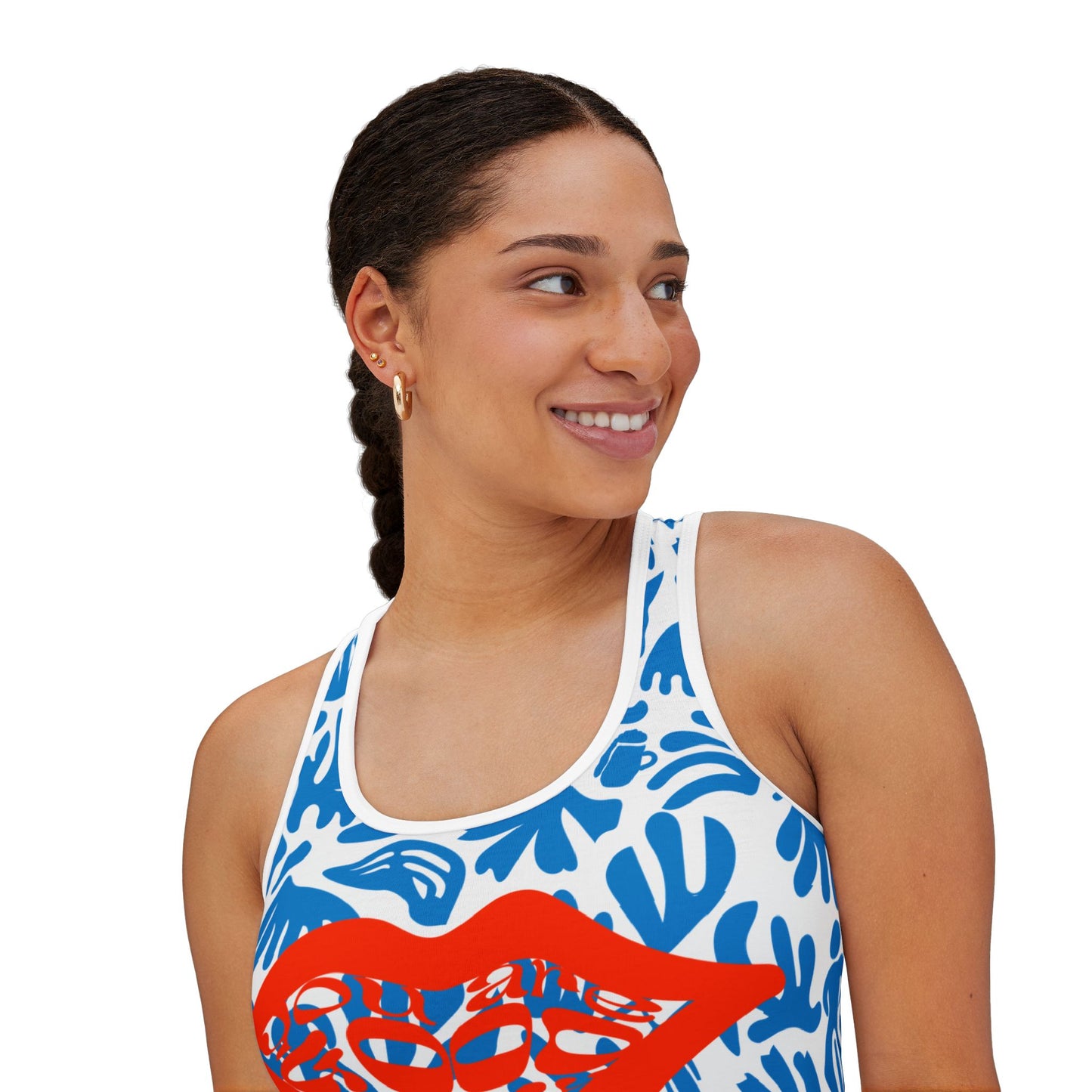 Joy Ride Blue Tropical Print Women's Tank Top, Summer Outfit, Beachwear, Vacation Top, Casual Layering Piece
