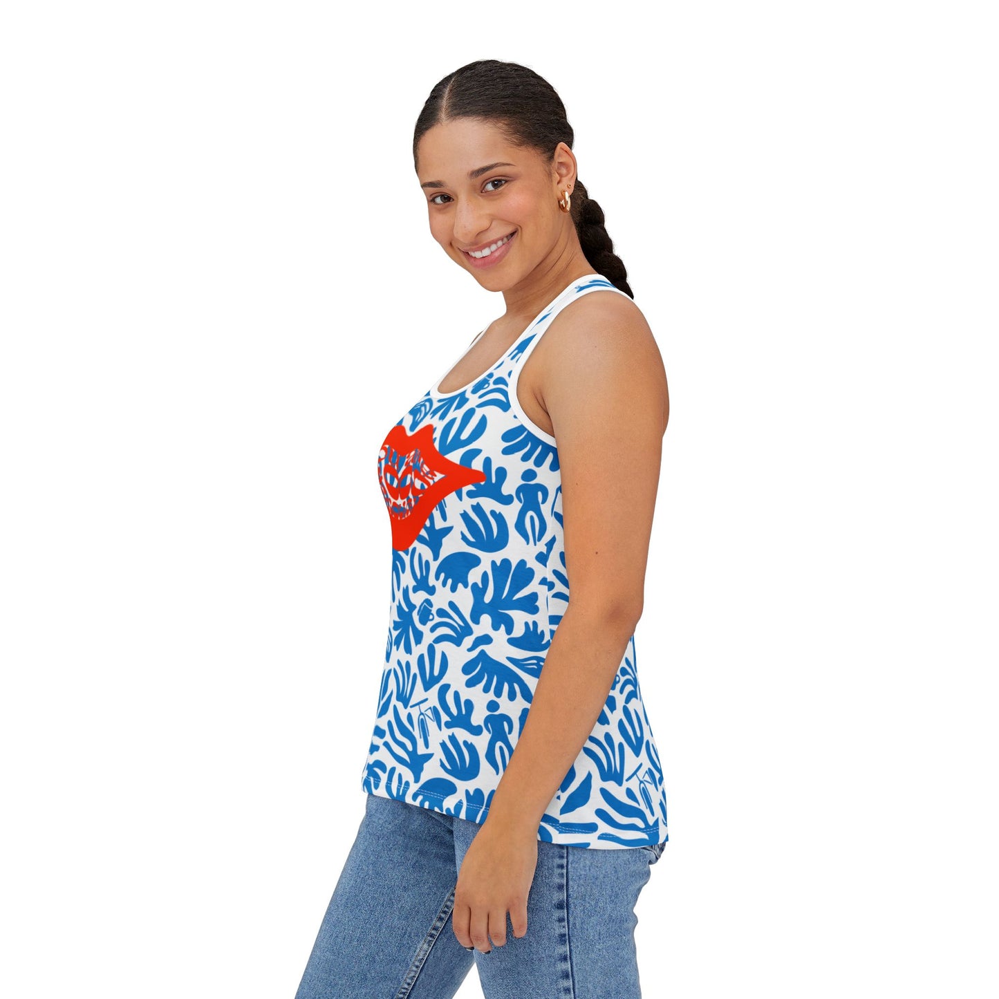Joy Ride Blue Tropical Print Women's Tank Top, Summer Outfit, Beachwear, Vacation Top, Casual Layering Piece
