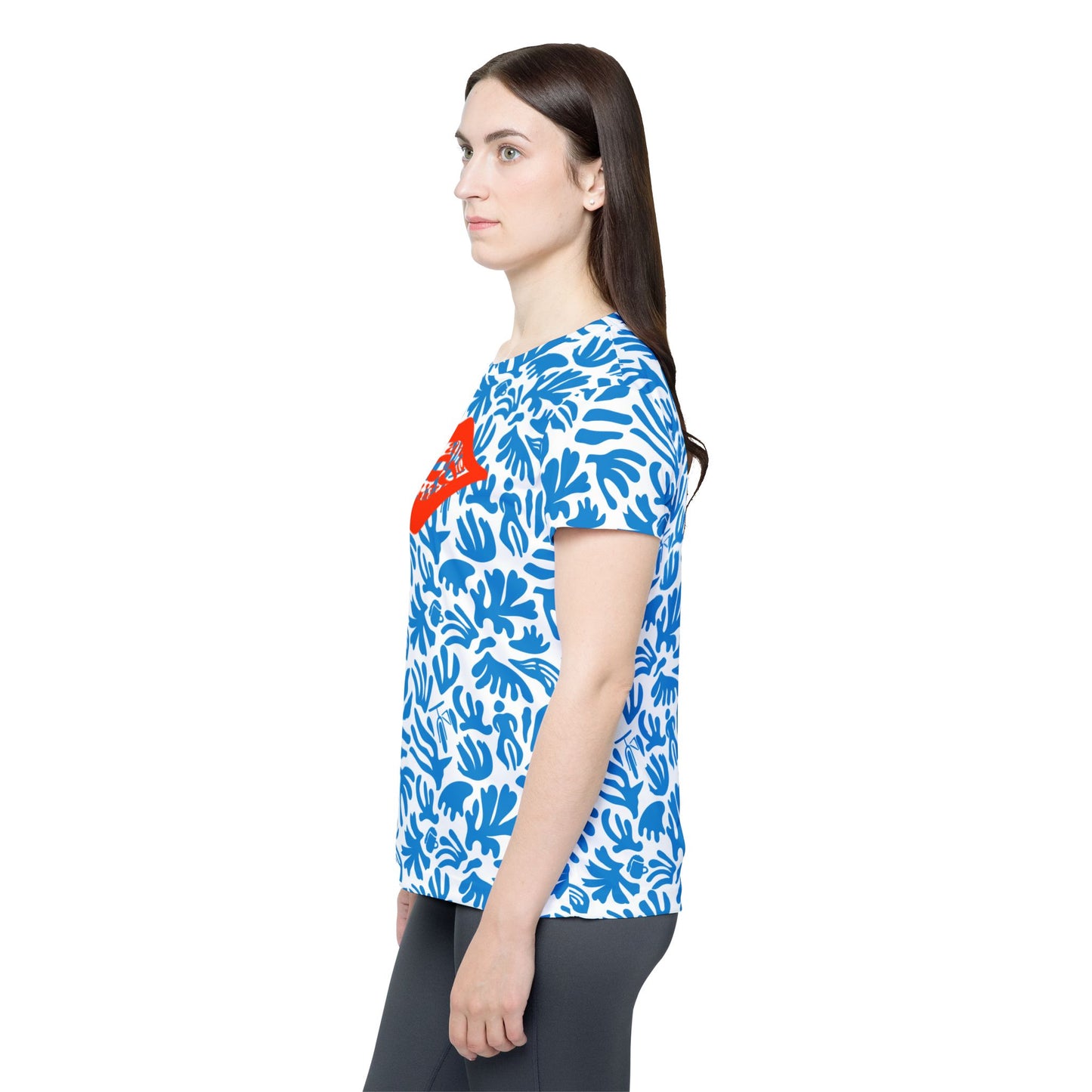 Joy Ride Blue Tropical Pattern Vibrant Women's Sports Jersey, Stylish Athletic Tee, Bikewear Summer Fashion, Casual Sportswear, Trendy Workout Top