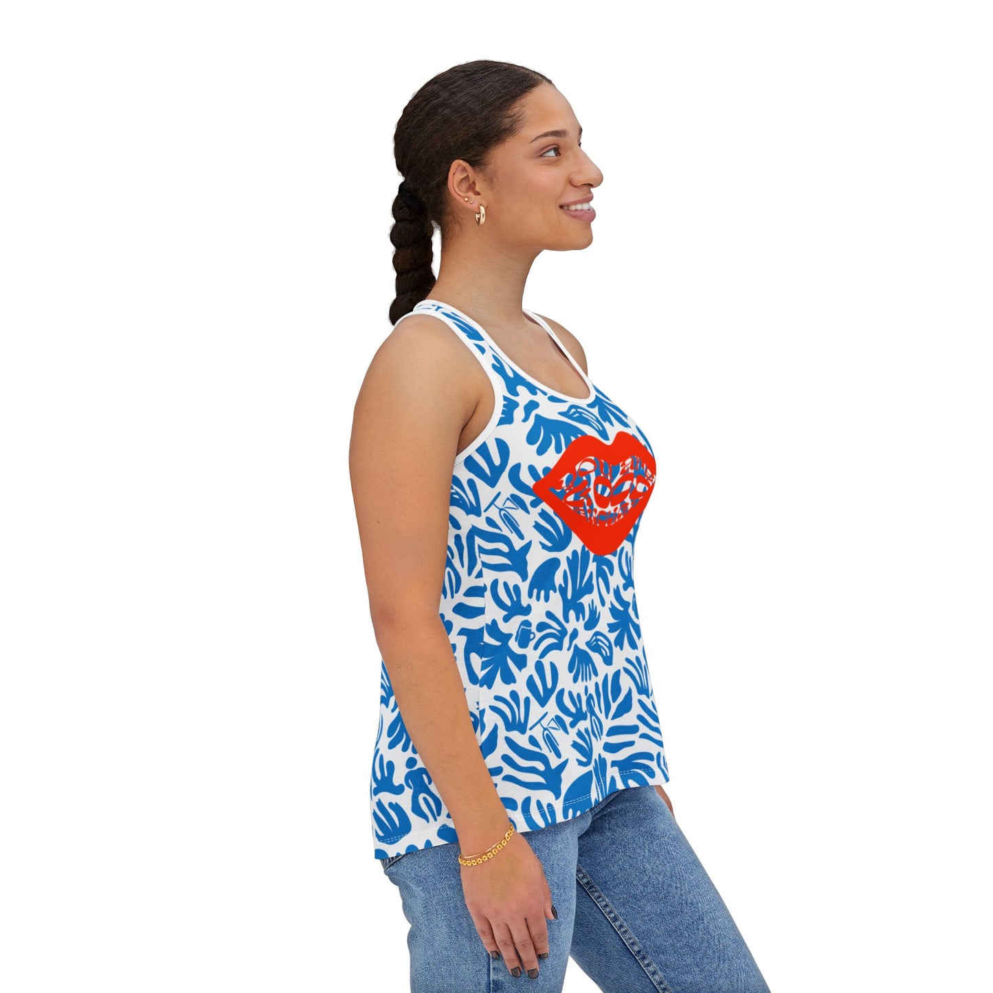 Joy Ride Blue Tropical Print Women's Tank Top, Summer Outfit, Beachwear, Vacation Top, Casual Layering Piece