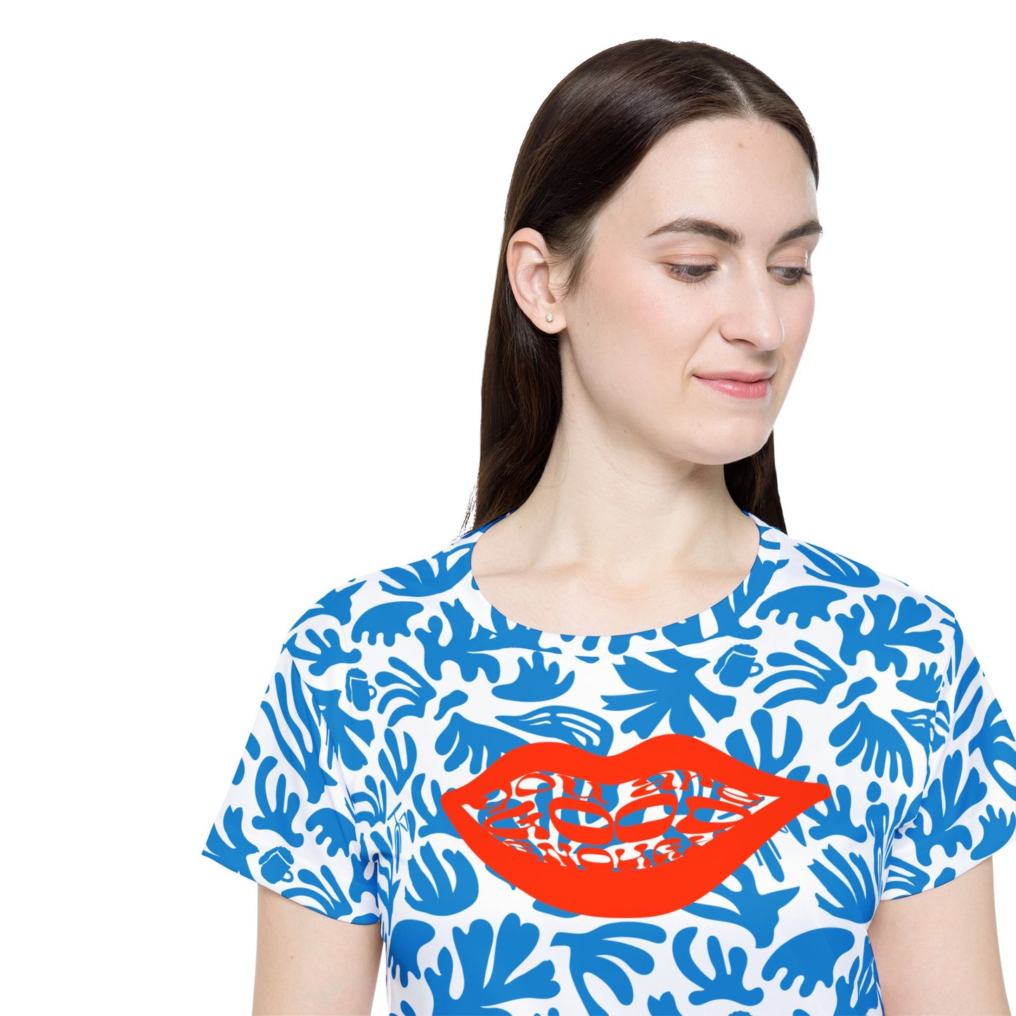 Joy Ride Blue Tropical Pattern Vibrant Women's Sports Jersey, Stylish Athletic Tee, Bikewear Summer Fashion, Casual Sportswear, Trendy Workout Top