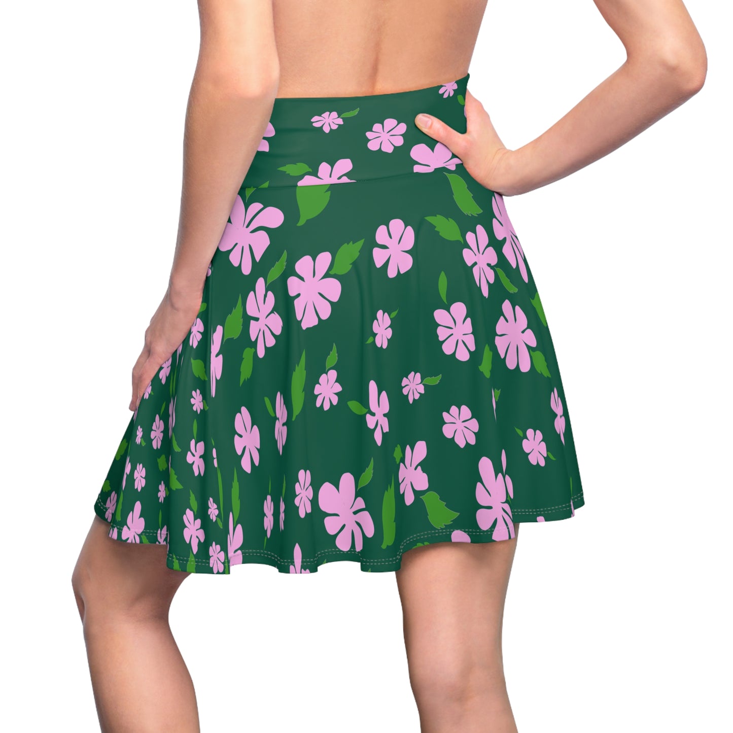 Pink Floral Pattern Skater Skirt | Green Background, All-Over Print