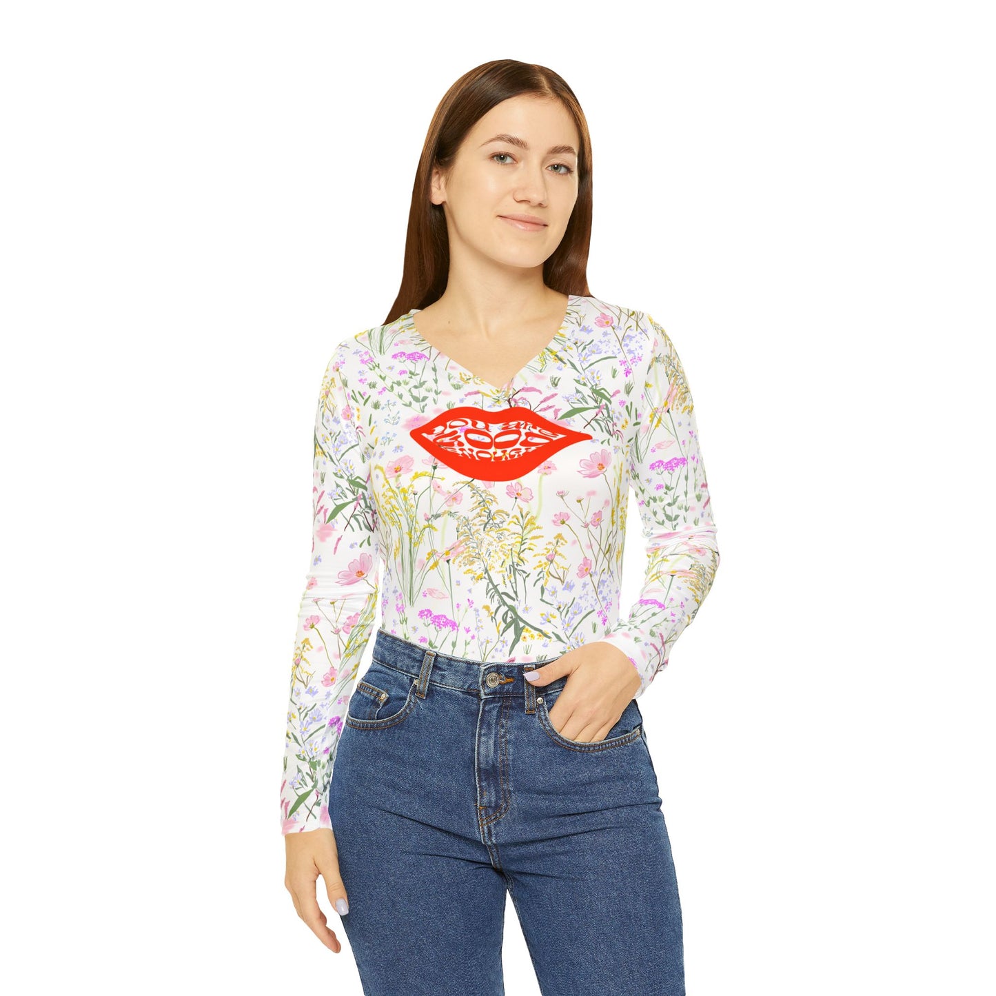 Fall Floral V-Neck Long Sleeve Tee, Trendy Women’s Shirt, Casual Spring Fashion, Gifts for Her, Floral Print Top, Everyday Wear