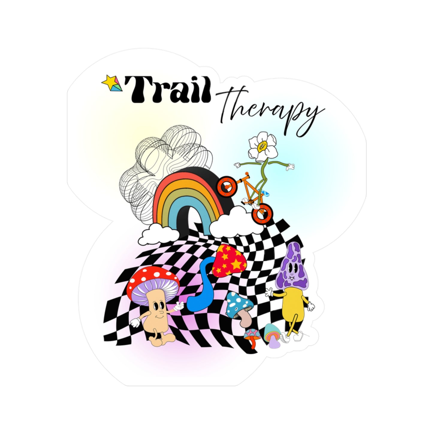 Trail Therapy Vinyl Sticker — Psychedelic Bike Rainbow Kiss-Cut Sticker