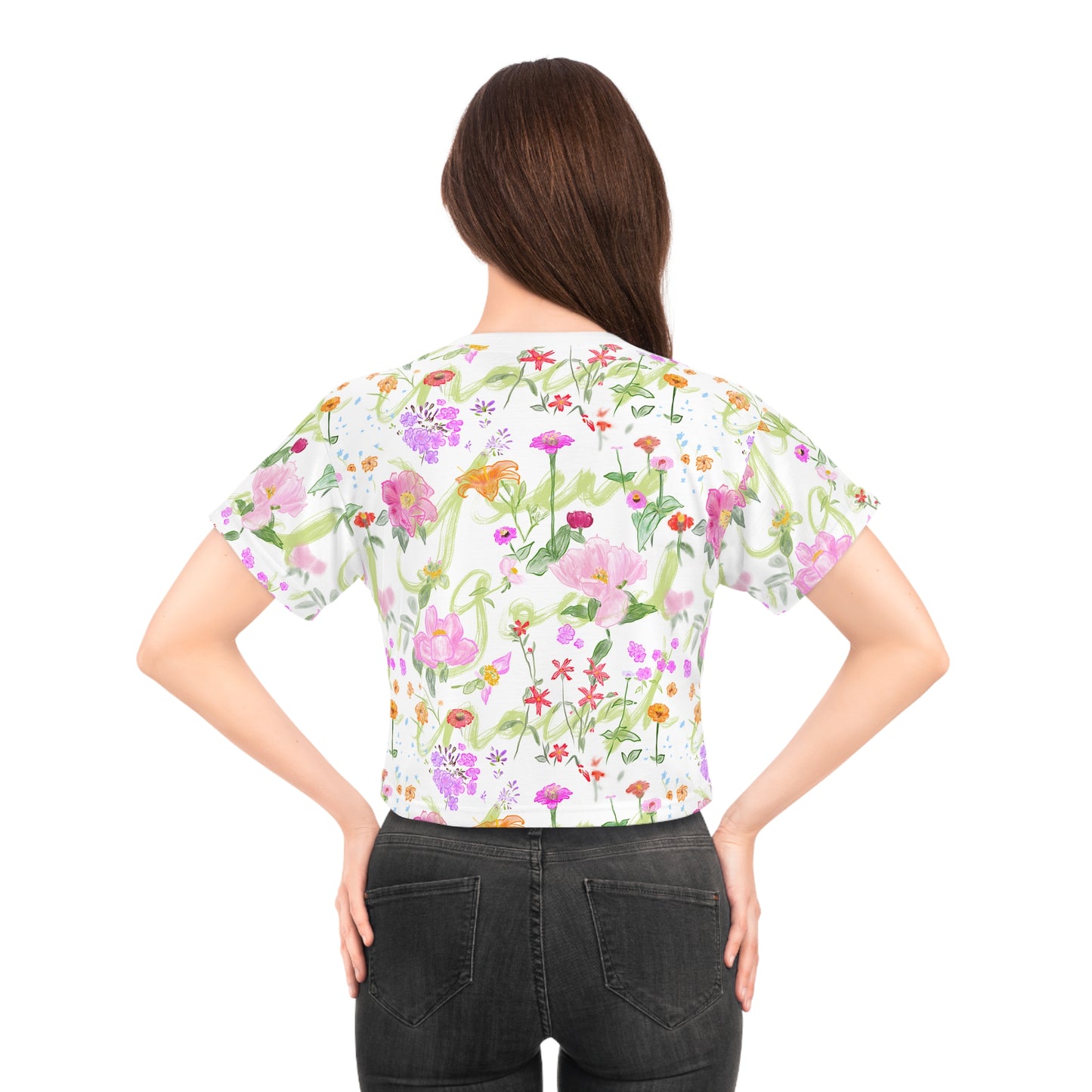 Floral MTB Crop Top — Peony & Zinnia Hand-Drawn Print Jersey for Women.