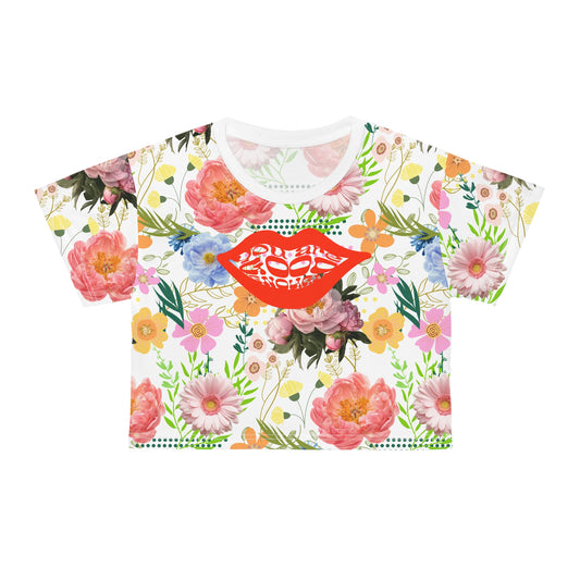 Trendy floral pattern Crop Tee allover print,wicking shirt for outdoor activity, fashionable casual croptop, Y2K graphic style