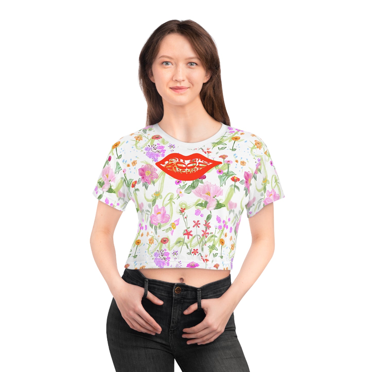 Floral MTB Crop Top — Peony & Zinnia Hand-Drawn Print Jersey for Women.