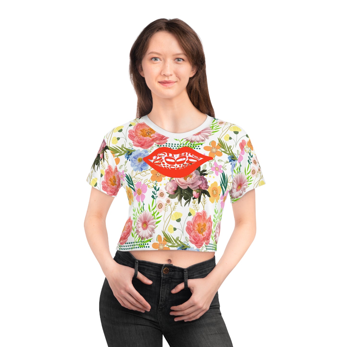 Trendy floral pattern Crop Tee allover print,wicking shirt for outdoor activity, fashionable casual croptop, Y2K graphic style