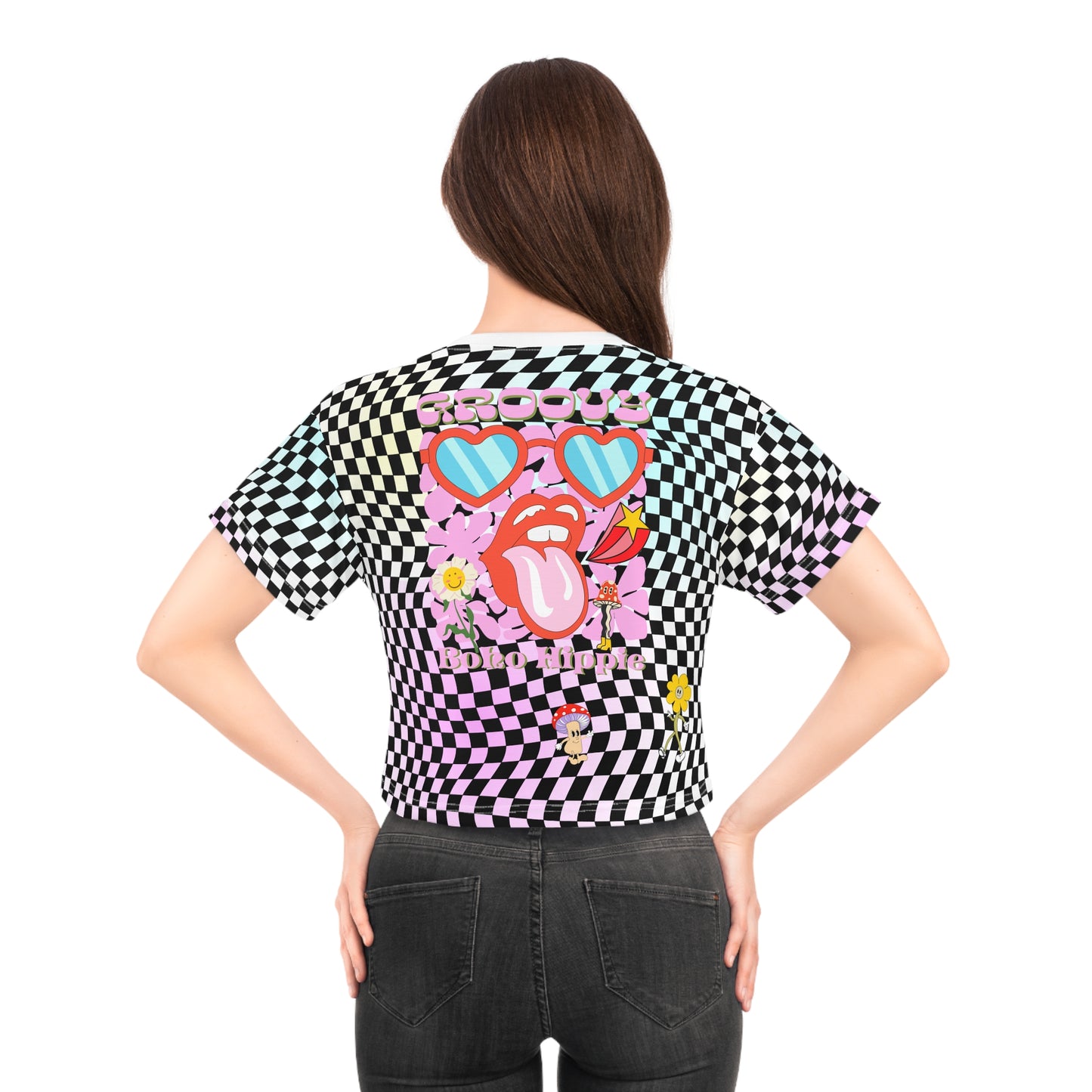Checkerboard Retro Mushrooms Graphic Crop Tee — Retro Graphic Crop top for MTB
