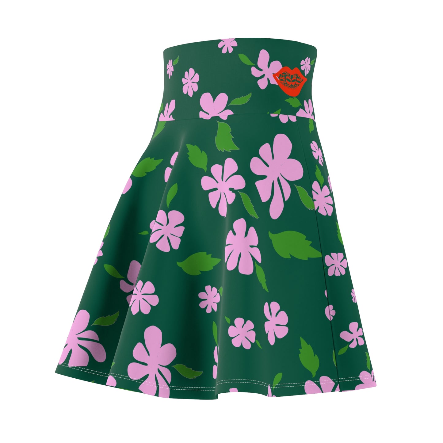 Pink Floral Pattern Skater Skirt | Green Background, All-Over Print