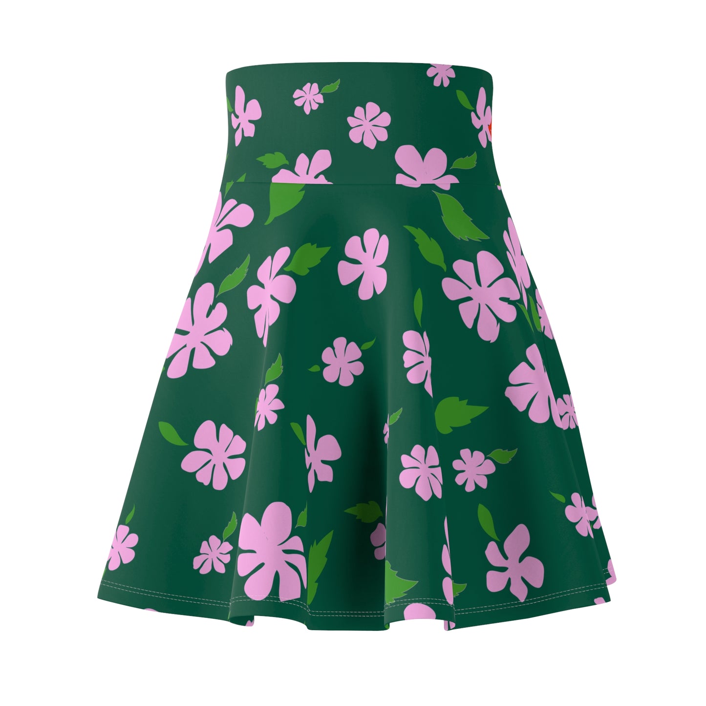 Pink Floral Pattern Skater Skirt | Green Background, All-Over Print