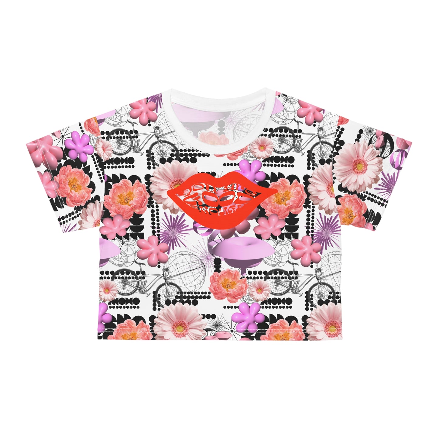 Floral Pink dream maximalism crop shirt — black/pink futuristic Y2K style Crop tee