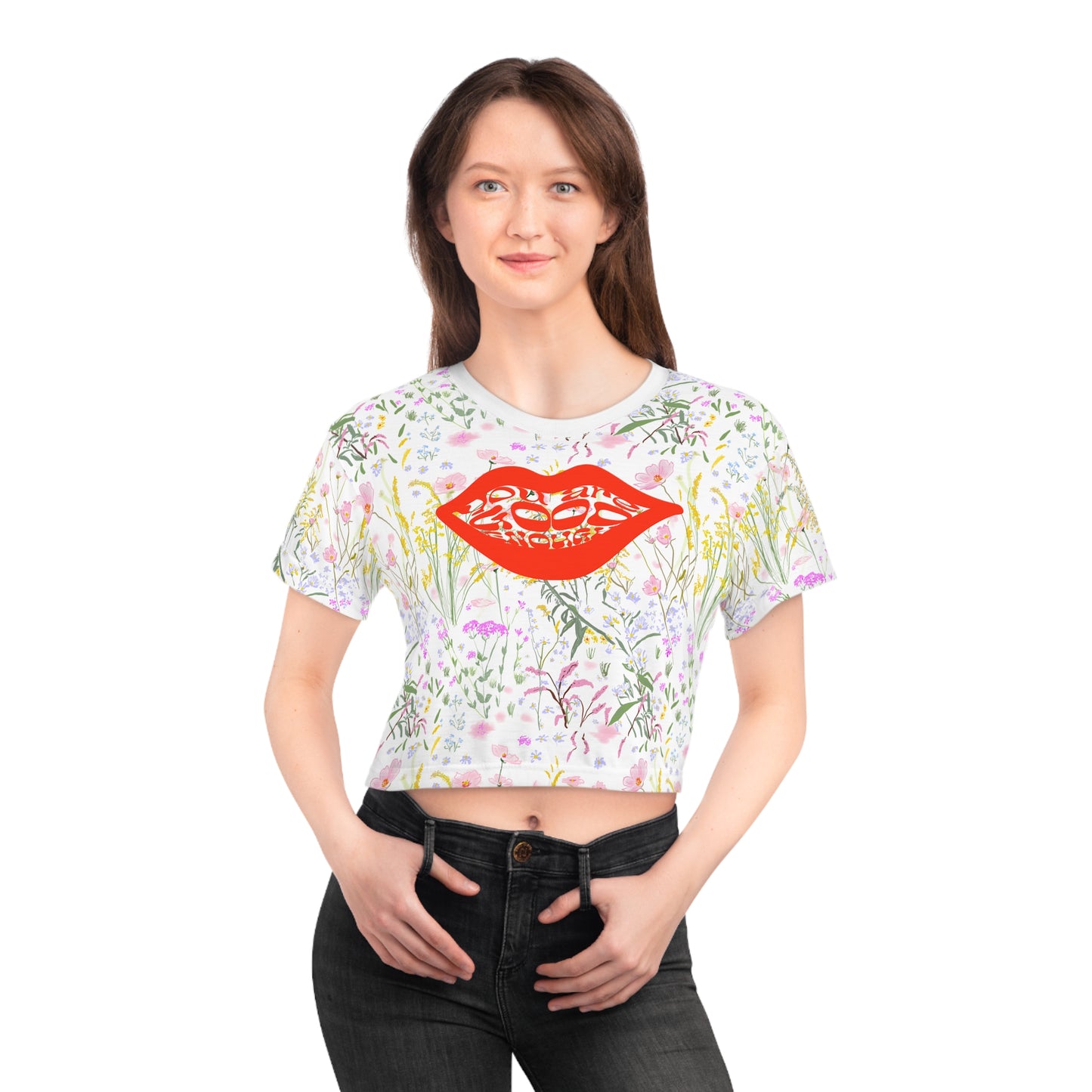 Floral Lips Crop Tee - Vibrant Sporty Style for Trendsetters and Outdoorsy Ladies