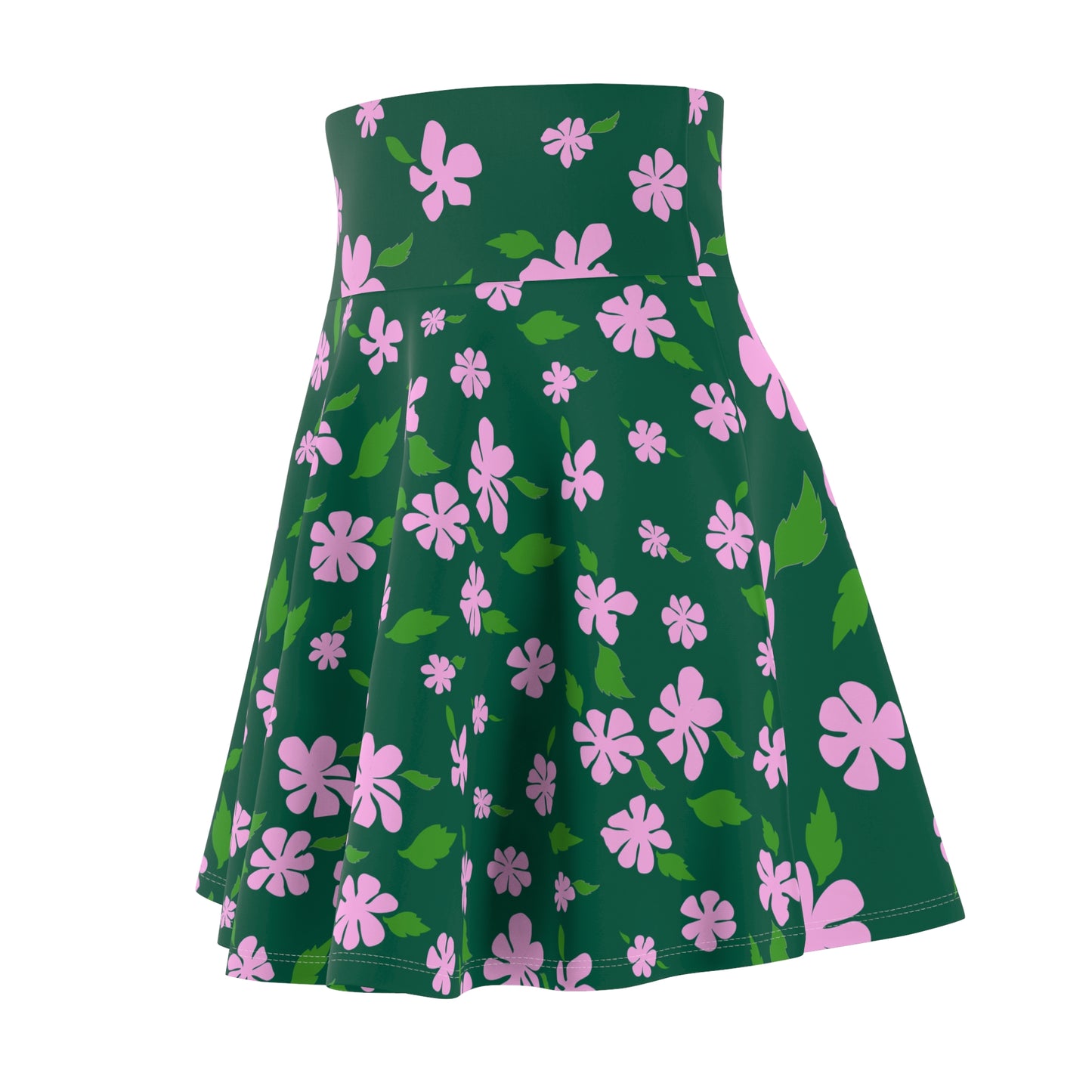 Pink Floral Pattern Skater Skirt | Green Background, All-Over Print