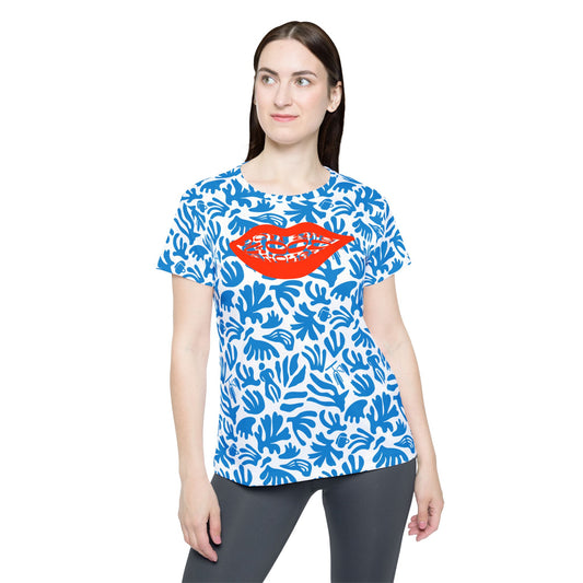 Joy Ride Blue Tropical Pattern Vibrant Women's Sports Jersey, Stylish Athletic Tee, Bikewear Summer Fashion, Casual Sportswear, Trendy Workout Top