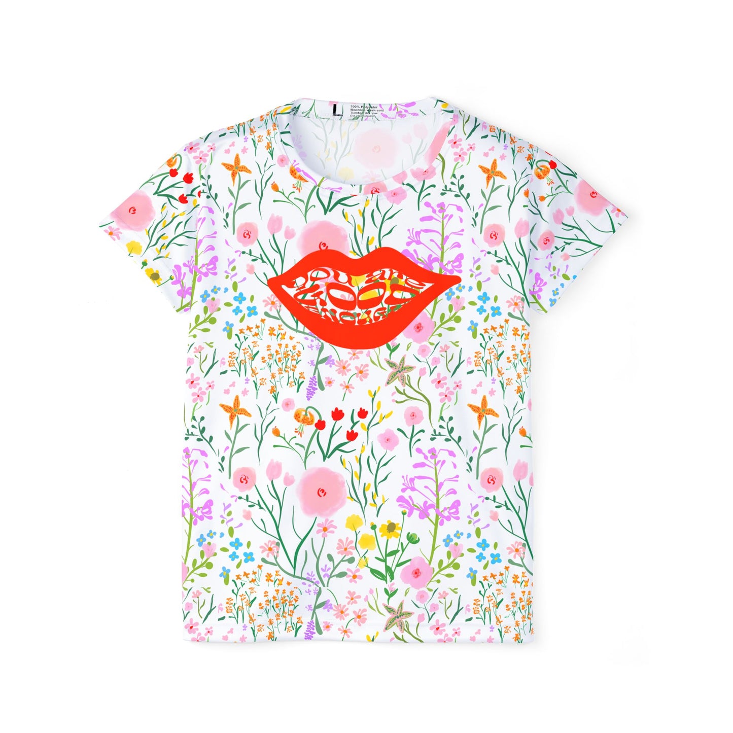 Floral Women's Sports Jersey with Lip Print, Summer Apparel, Athleisure Top, Gift for Her, Festival Clothing, Activewear