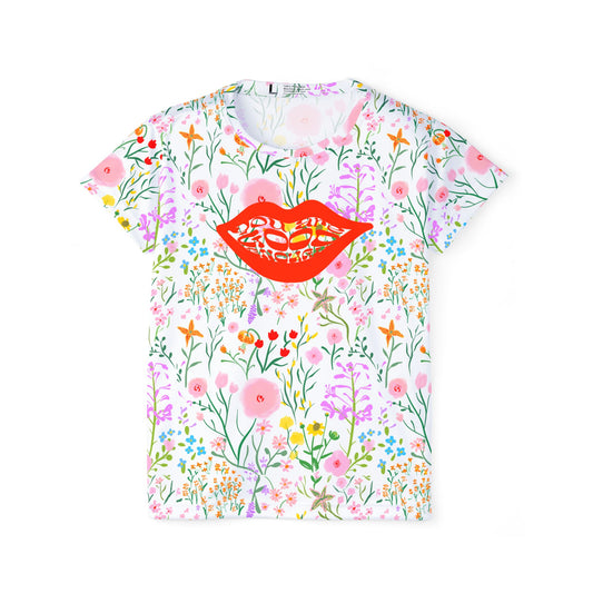 Floral Women's Sports Jersey with Lip Print, Summer Apparel, Athleisure Top, Gift for Her, Festival Clothing, Activewear