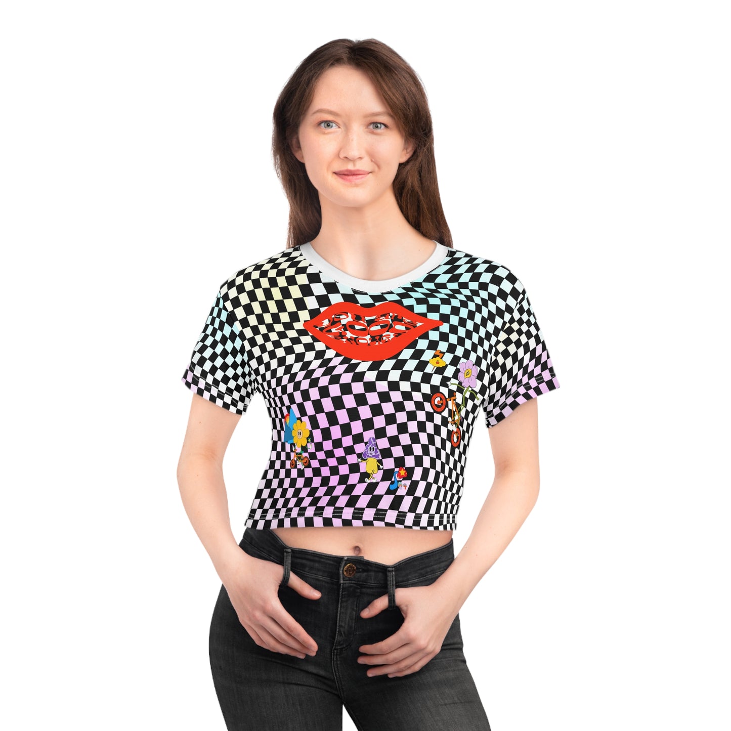 Checkerboard Retro Mushrooms Graphic Crop Tee — Retro Graphic Crop top for MTB