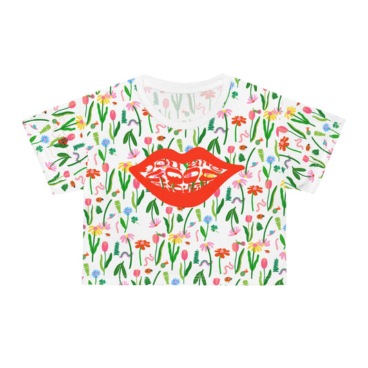 Colorful wildflower garden party crop tshirt for women, cute cropped trendy floral double sided shirt for women