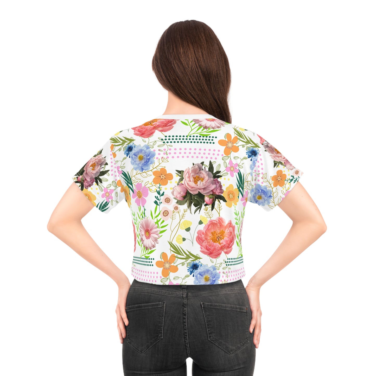 Trendy floral pattern Crop Tee allover print,wicking shirt for outdoor activity, fashionable casual croptop, Y2K graphic style
