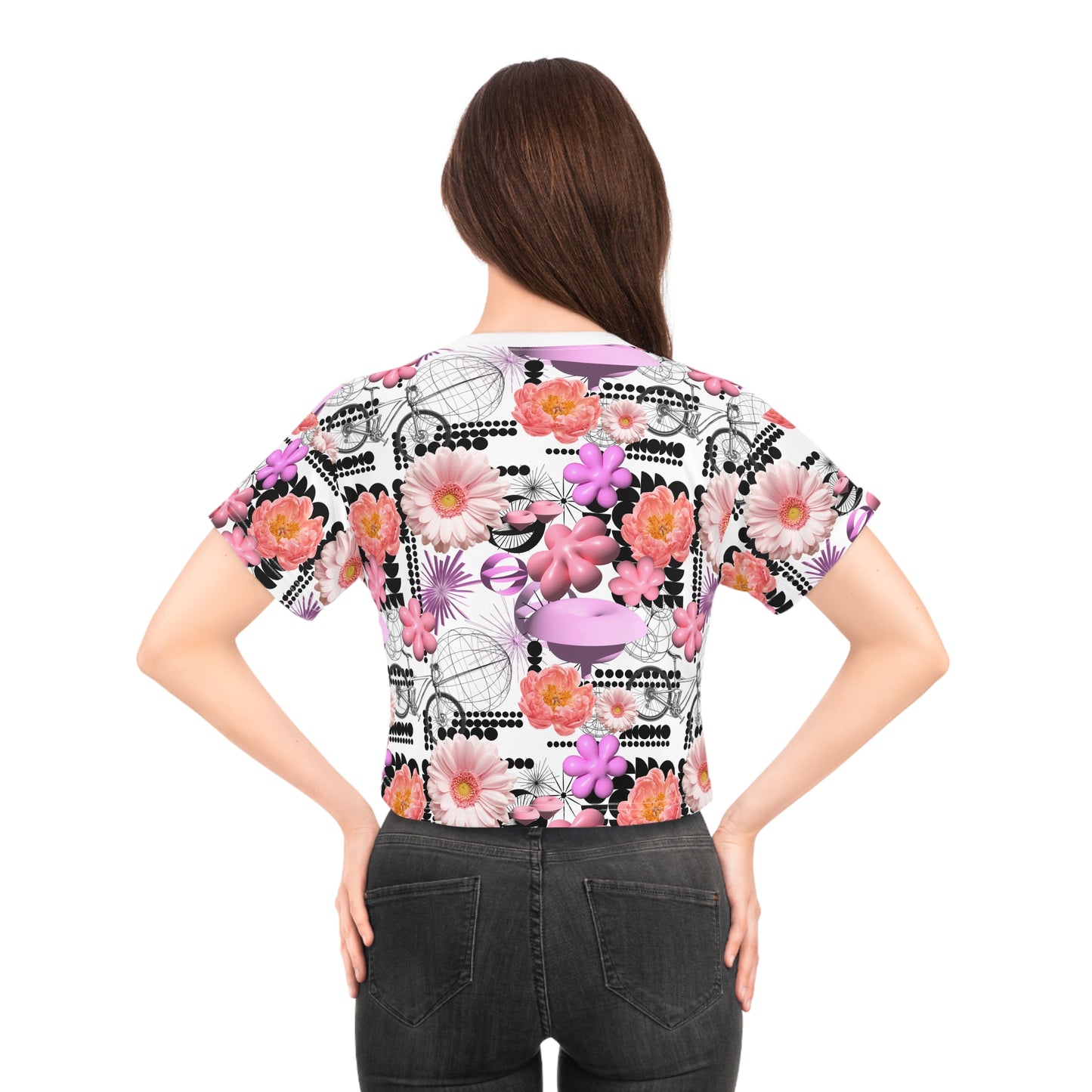 Floral Pink dream maximalism crop shirt — black/pink futuristic Y2K style Crop tee