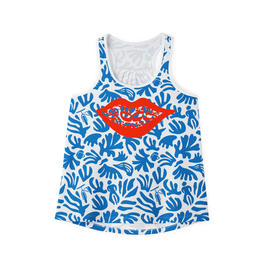 Joy Ride Blue Tropical Print Women's Tank Top, Summer Outfit, Beachwear, Vacation Top, Casual Layering Piece