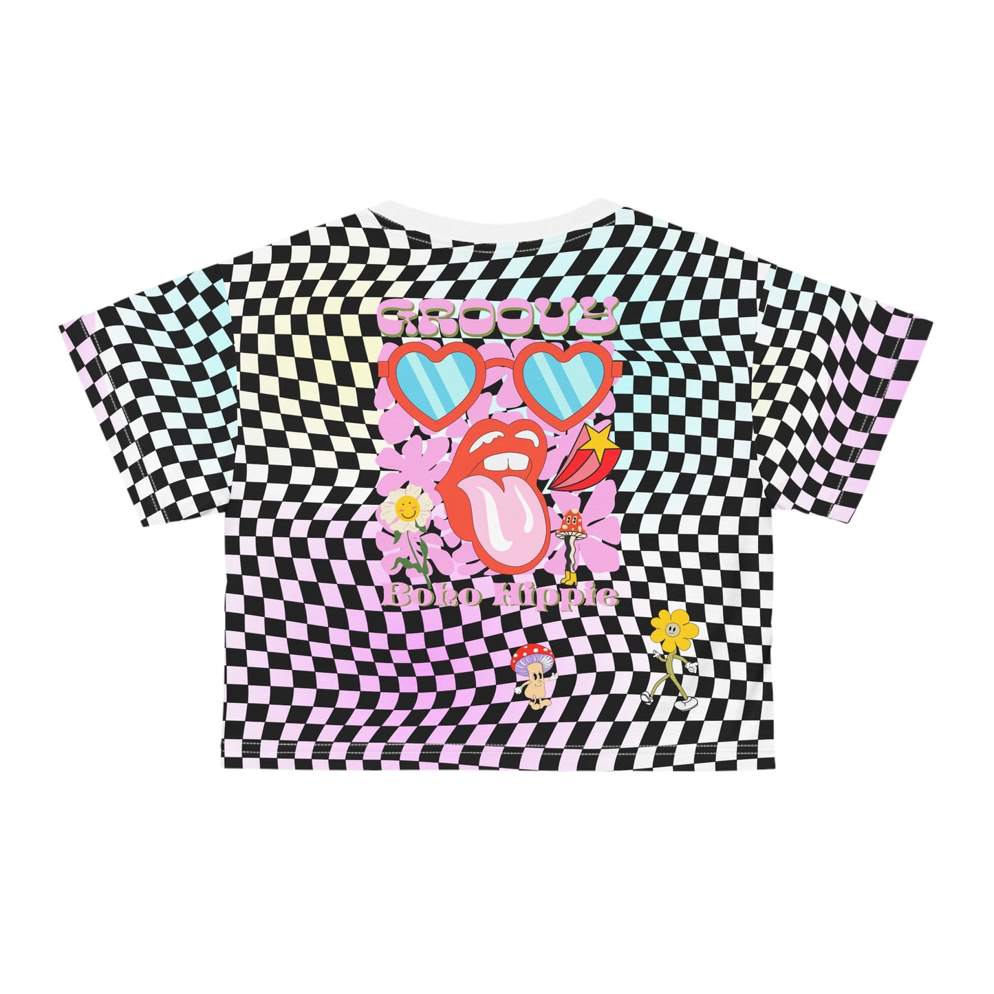 Checkerboard Retro Mushrooms Graphic Crop Tee — Retro Graphic Crop top for MTB