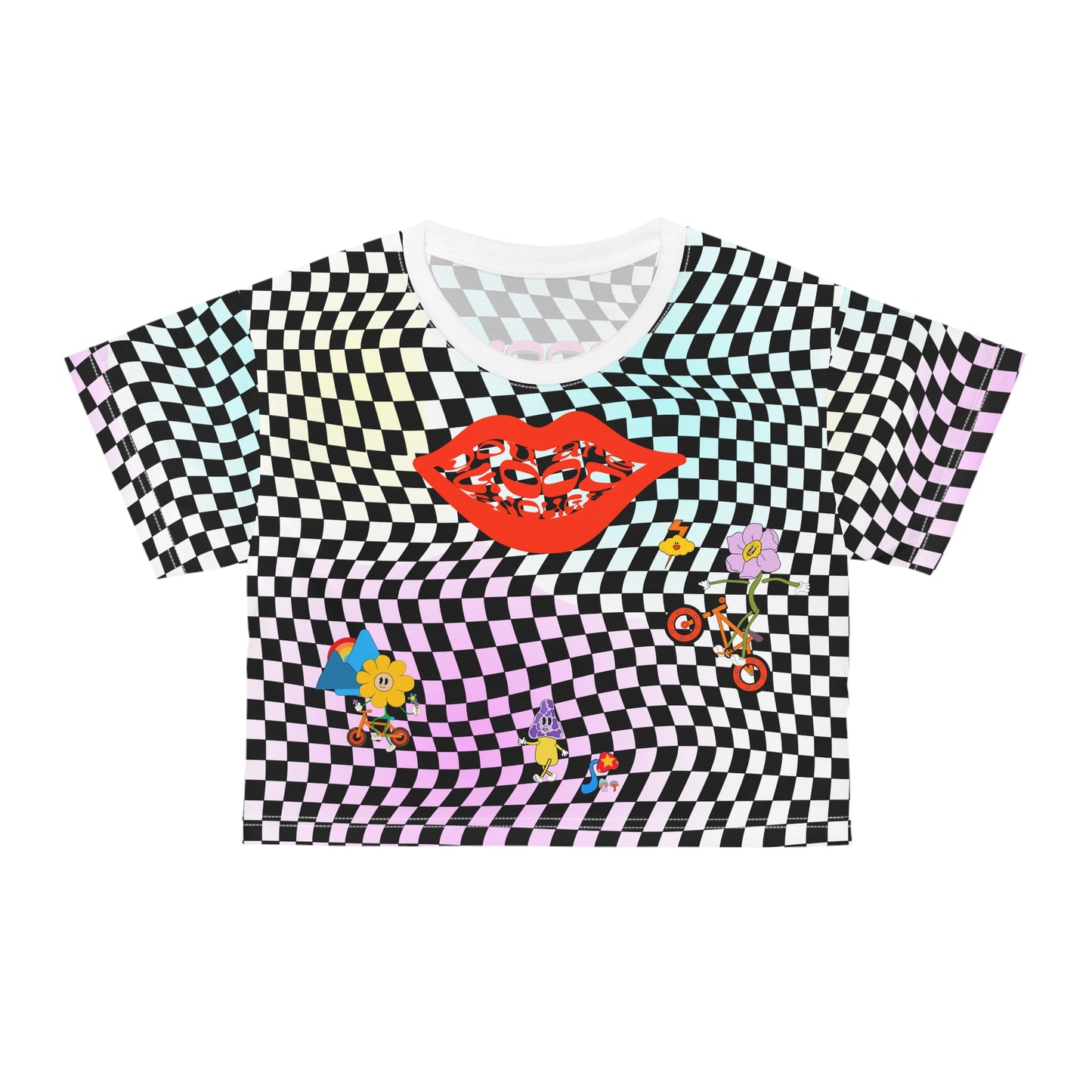 Checkerboard Retro Mushrooms Graphic Crop Tee — Retro Graphic Crop top for MTB