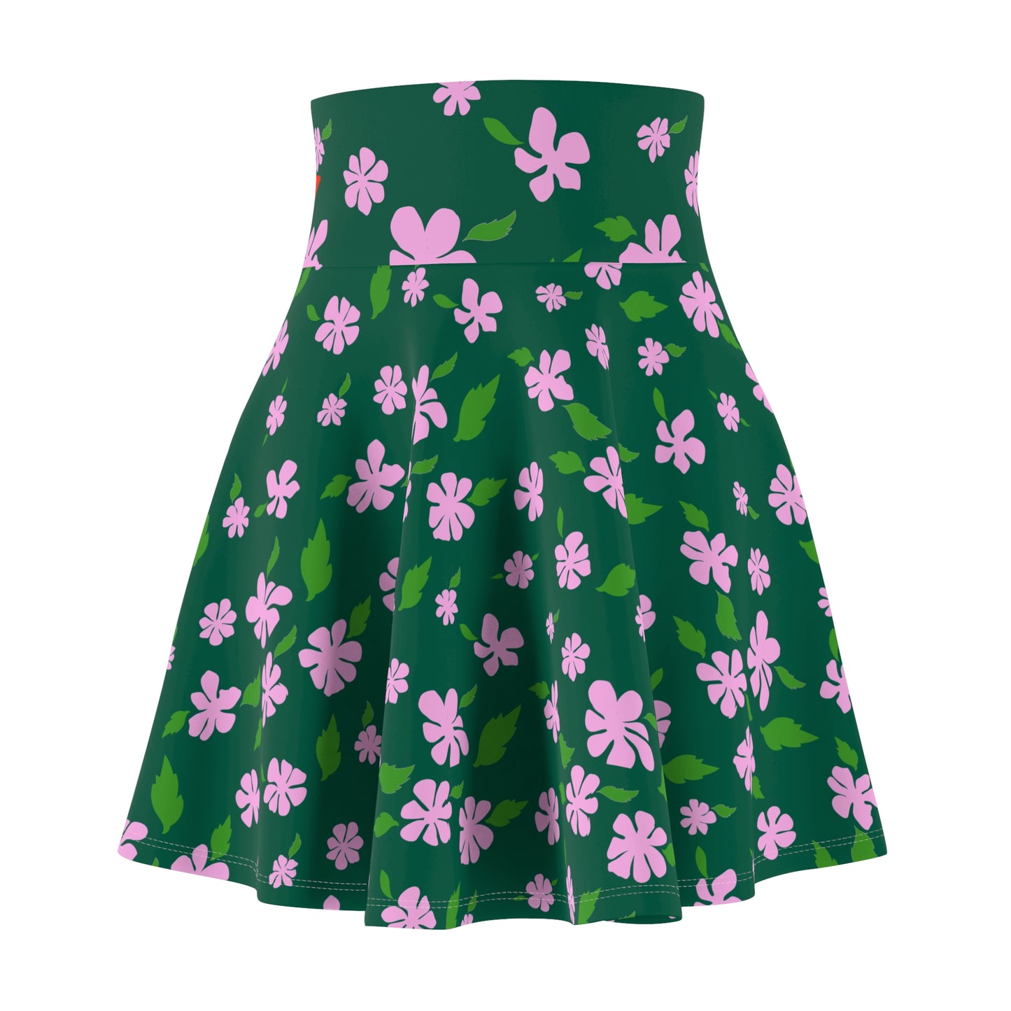 Pink Floral Pattern Skater Skirt | Green Background, All-Over Print