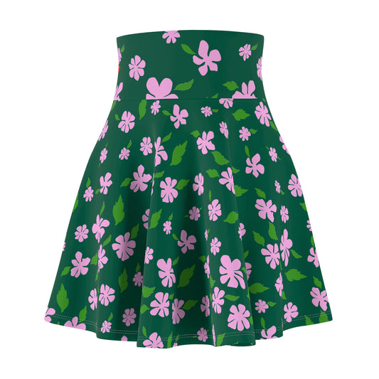 Pink Floral Pattern Skater Skirt | Green Background, All-Over Print