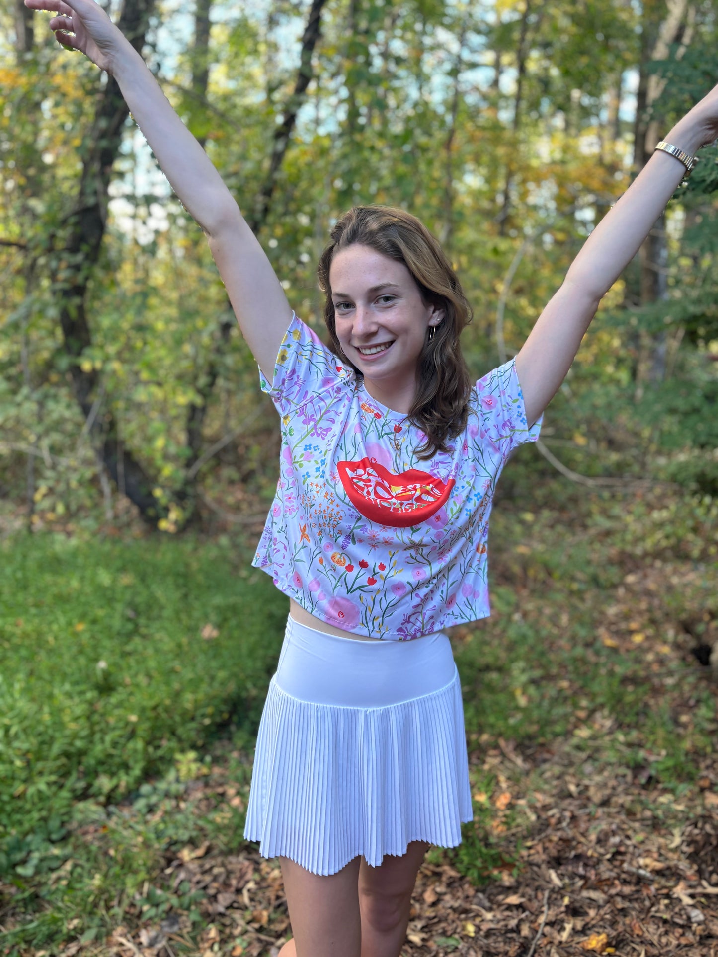 Floral Women's Sports Jersey with Lip Print, Summer Apparel, Athleisure Top, Gift for Her, Festival Clothing, Activewear